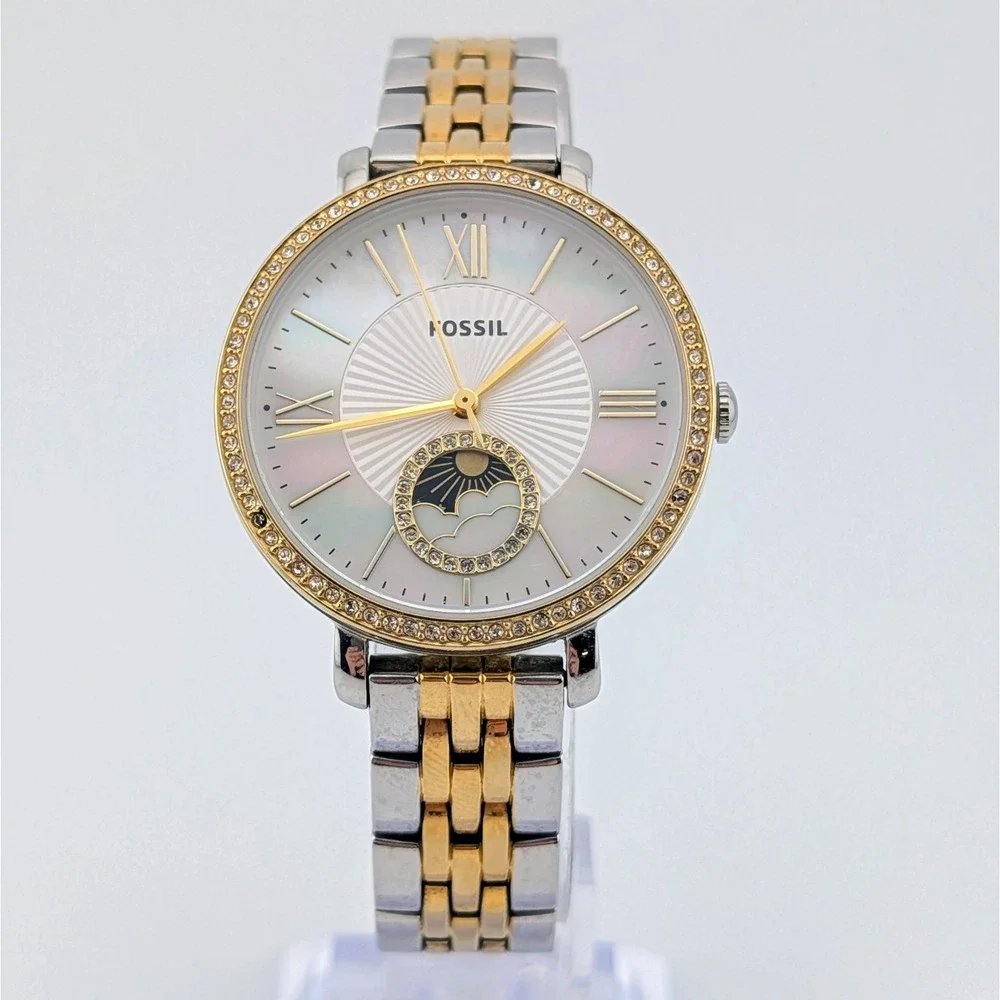 Fossil Jacqueline ES5166 Women's Watch Sun Moon MOP Dial Crystal Bezel Two-Tone